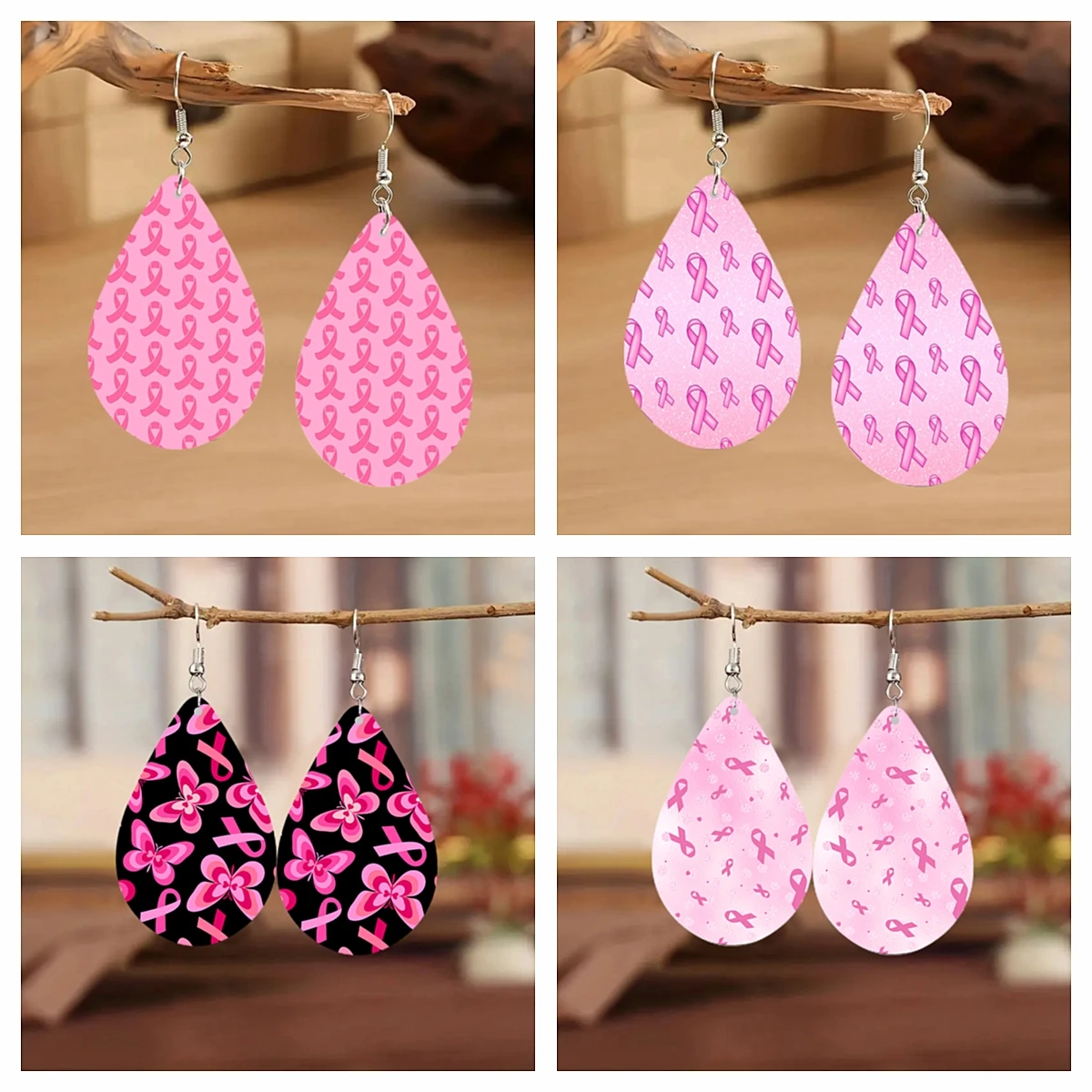 SOMESOOR Beautiful Breast Cancer Awareness Water Drop Earrings For Women Pink Wood Pendant Dangle Jewelry Holiday Birthday Gift