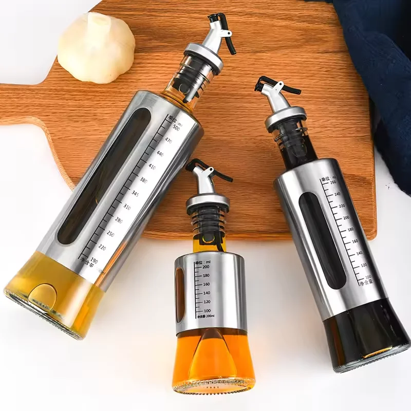 200ml, 300ml, 500ml glass with graduated stainless steel oil bottle kitchen soy sauce vinegar cooking wine seasoning bottle