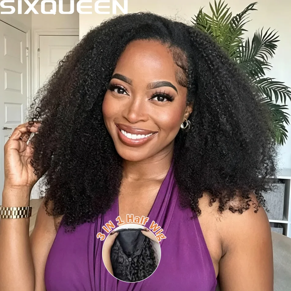 200% Density Wear & Go Drawstring Wig Kinky Curly Half Wig Human Hair For Black Women Spiral Curl Ends Glueless Flip Over Beginner Friendly No Glue No Sew Natural Black