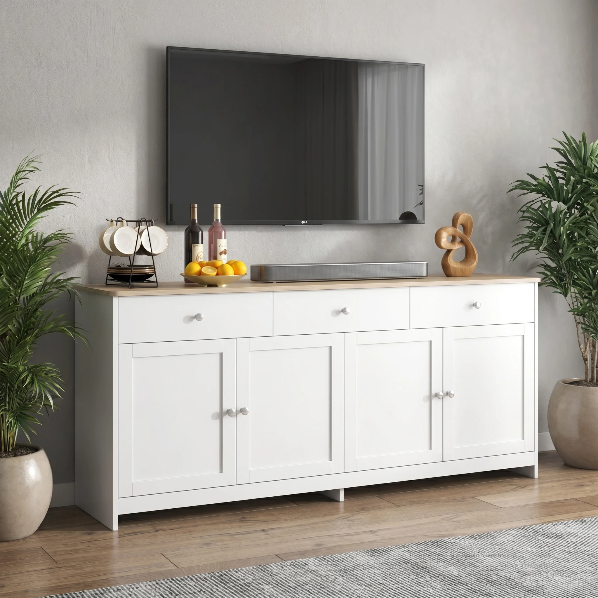 Credenza con vani contenitori Rosahqnda, dimensioni 160x37x75 cm, con 4 ante e 3 cassetti, ideale per il soggiorno, la sala da pranzo, la camera da letto e per l’organizzazione degli spazi domestici.