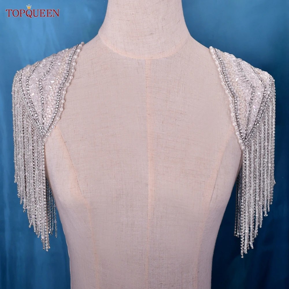 TOPQUEEN SP65 Sew 3D Tassels Rhinestones Beaded Patch Epaulettes Clothes Dress Gown Accessories with Chain Shoulder Knot Luxury