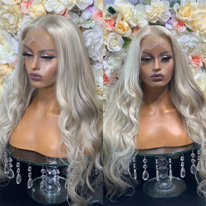Preplucked Hairline 13x4 Ombre White Platinum Blonde Natural Wig Synthetic Fibre Mixed Human Hair Wig for Women 150% Density Wig
