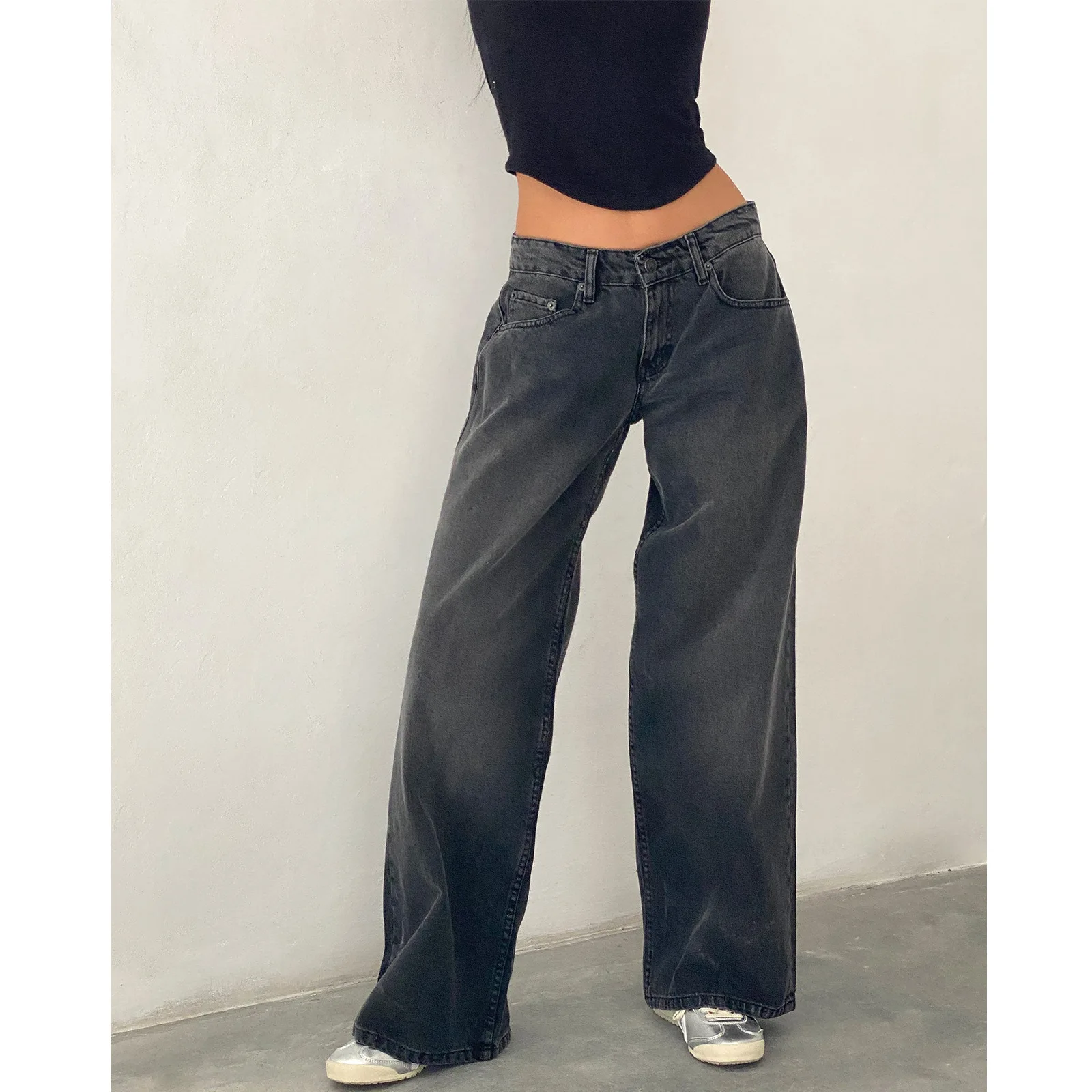 

Low Rise Washed Straight Denim Pants for Women Wide Leg Vintage Dragging Jeans Distressed High Street Trousers Casual Streetwear