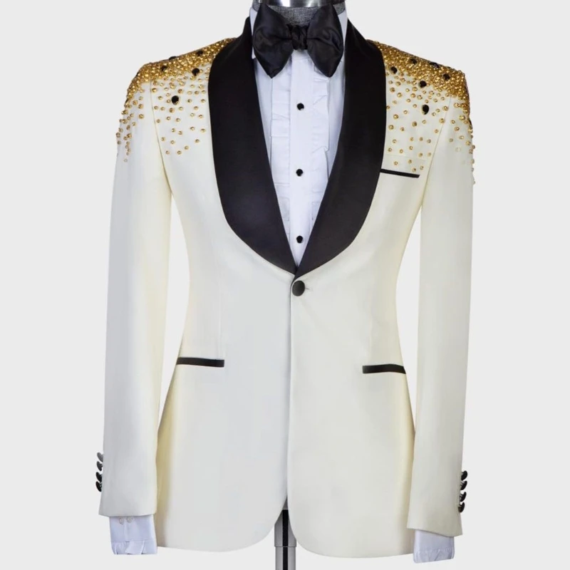 Smoking de Luxe en Satin pour Homme, Blazer Une Pièce, Costume à Un Bouton, Large Revers, Perles Formelles, Diamants, ixde Mariage, Marié, Grande Taille sur Mesure