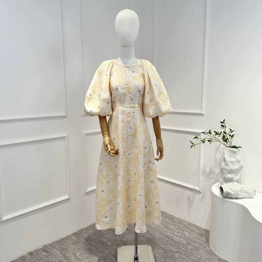 Lantern Sleeve Light Yellow Midi Dress Women  High Quality 2023 New Arrival Spring Summer Linen Front Key Hole Daily Oufit