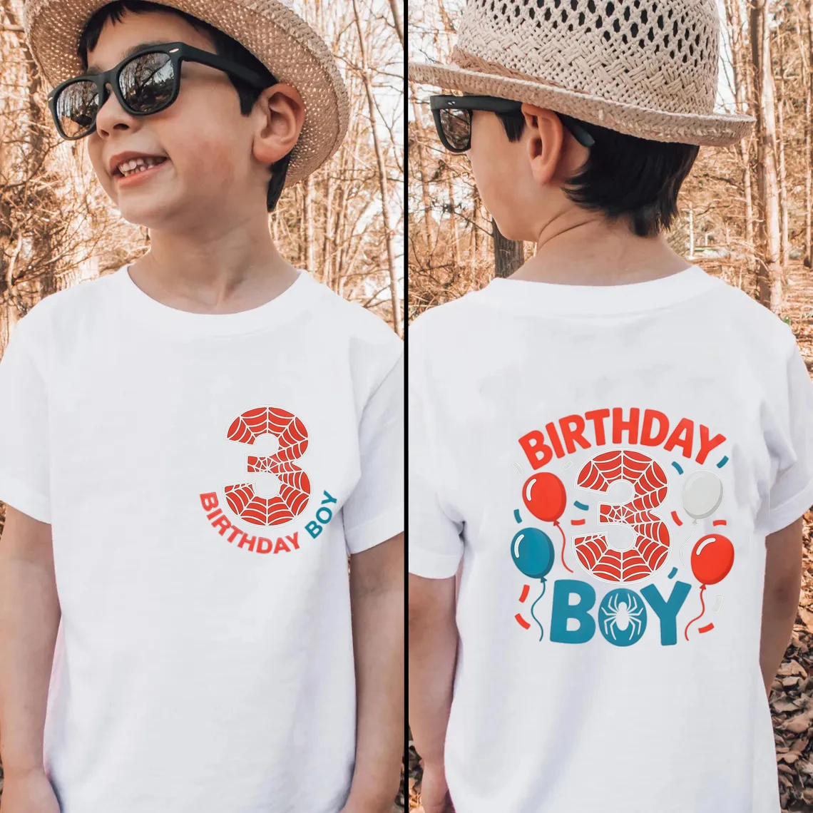 Personalized Name Kids T-shirt, Funny Red Spider Web Colorful Balloon Two Sided Printing Birthday Number Print Boys T-shirt Tops