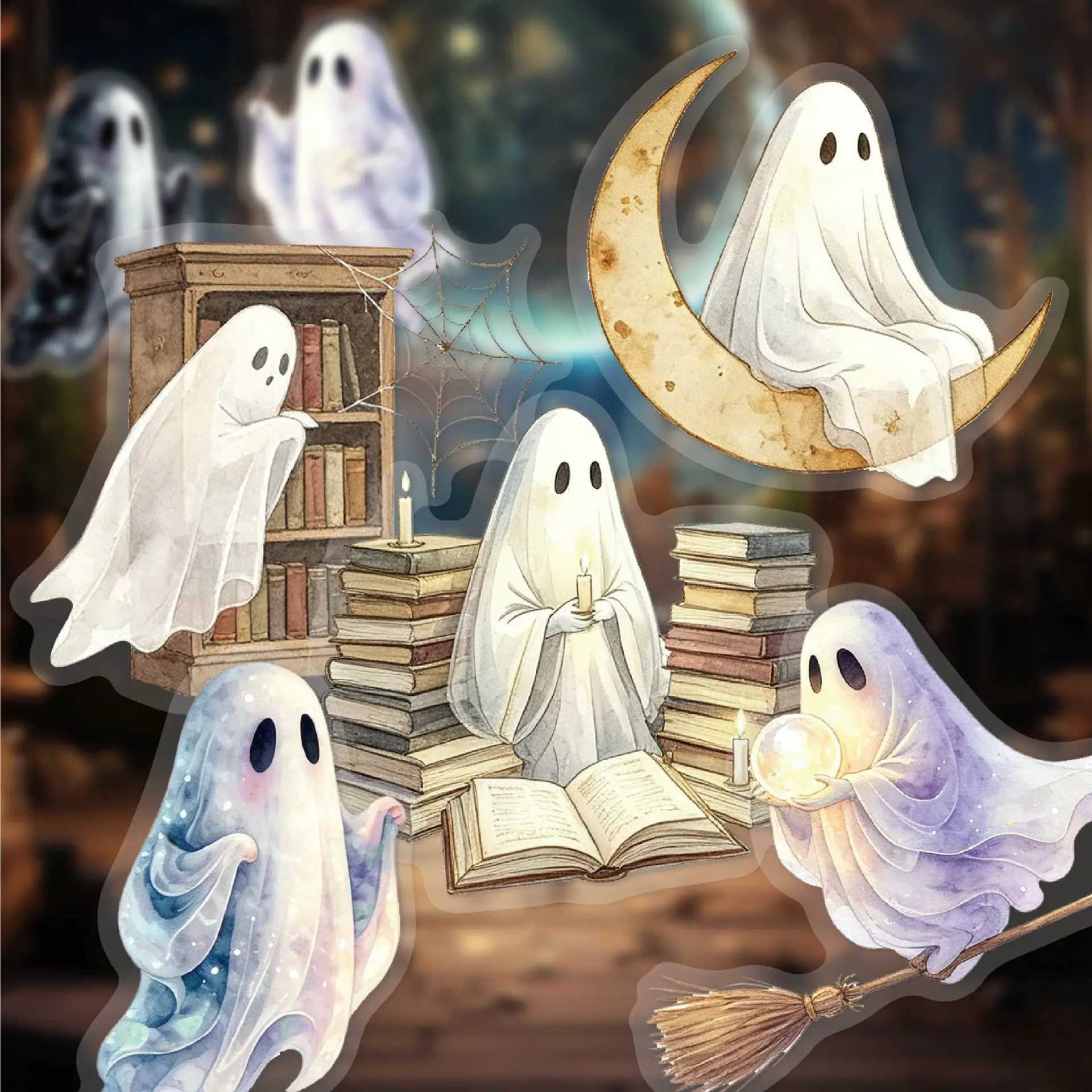 Witchy Ghost Moon Book Broom Stickers, Halloween Gothic Decal Stickers for Card Making, Album Decoration