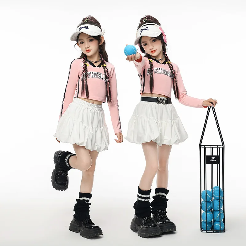 Girls K-pop Fashion Crop Top Tiered Skirts Clothes Set Kids Hip Hop Costume Children Jazz Street Dance Hot Girl Group Streetwear
