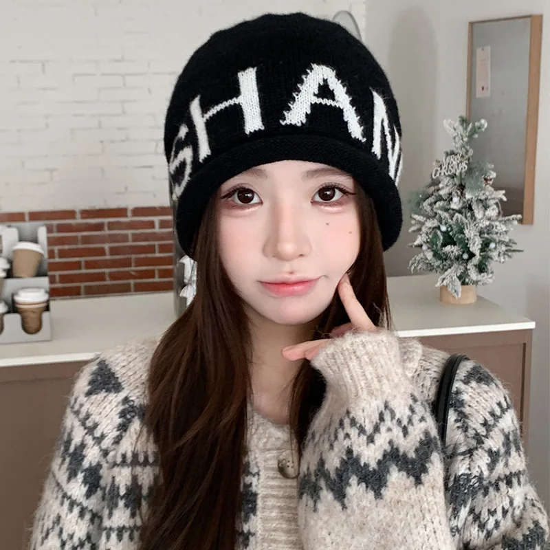 Letter Jacquard Slouchy Knit Beanie Hat Trendy Roll Brim Letter Pattern Stretchy Warm Cap Autumn Winter Street Casual Headwear