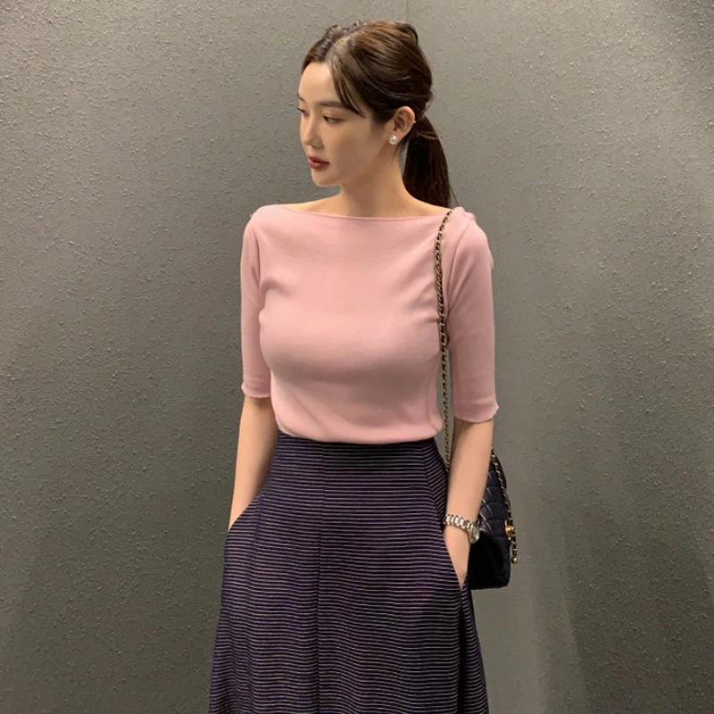 

Slim Fit mid Sve Knitted Sweater Women's Thin Sle Summer New Gentle Match Upper Body Korean Sle Commute Pure Color