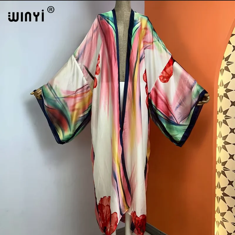 

WINYI African Women Casual Sexy perspective long Sleeve Cardigan beach Boho Cover-up Summer holiday Kimono Silk feeling Dress