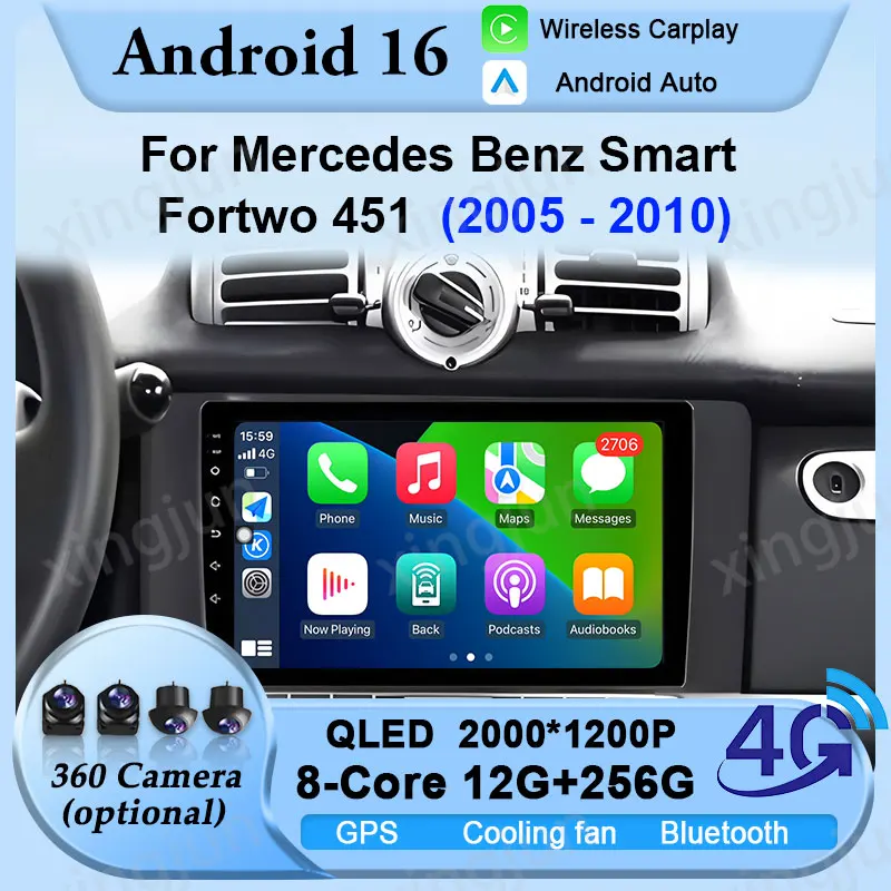 Для Mercedes Benz Smart Fortwo 451 2005-2015 Android 16 Авто HD экран Радио Беспроводной Carplay Мультимедиа GPS 2din Авторадио Автомобиль