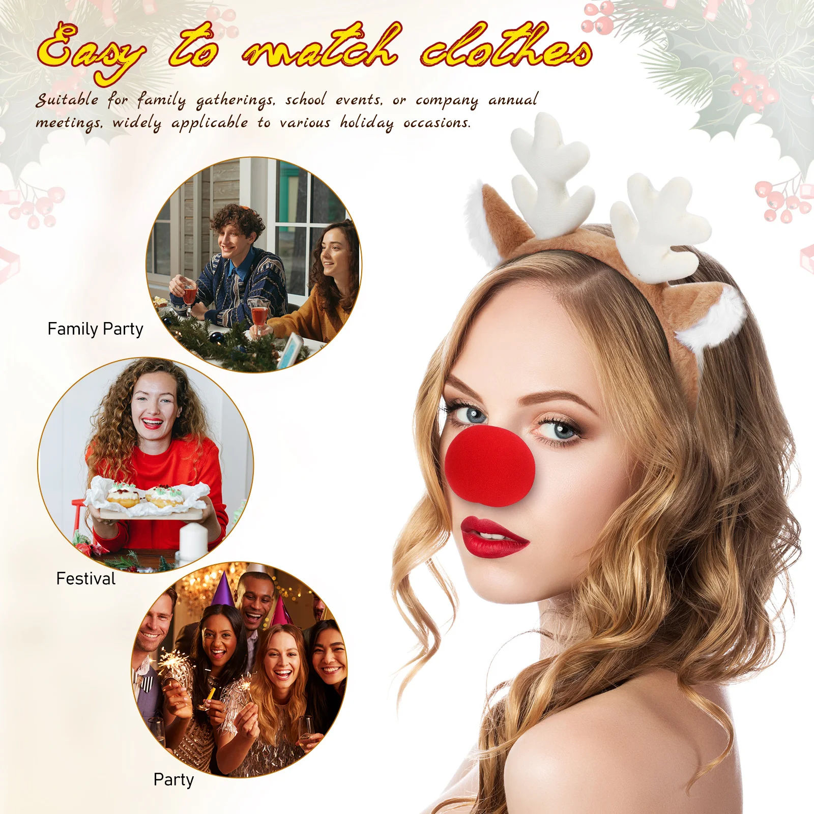 2Sets Reindeer Antler Headband and Nose Set Cute Rudolph Hair Accessory Holiday Christmas Party Decoration for Women Men