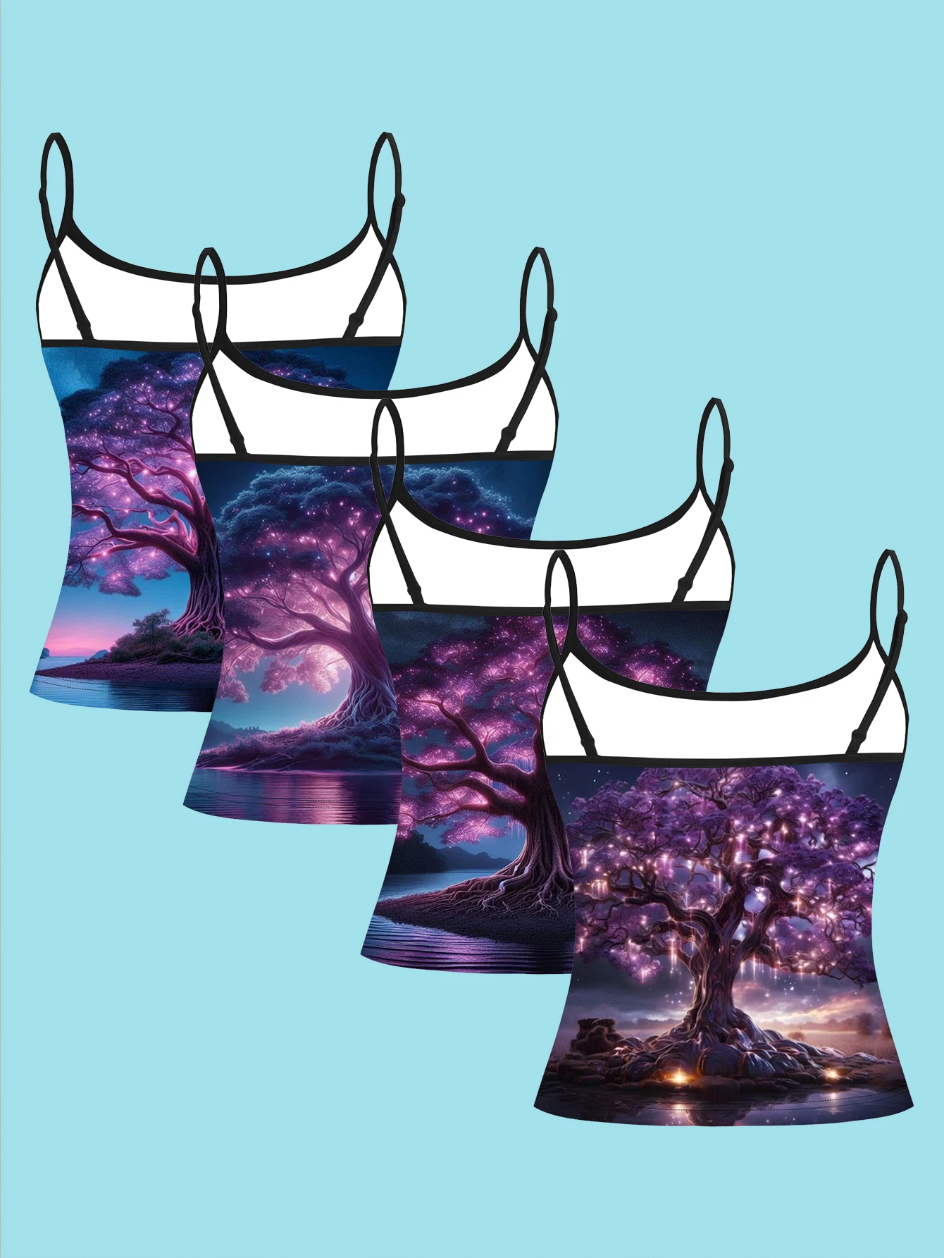 4-Piece Set of Luminous Ancient Tree Suspenders with Amethyst Glow, Night Scene Lake Water Women's Base Tank Top