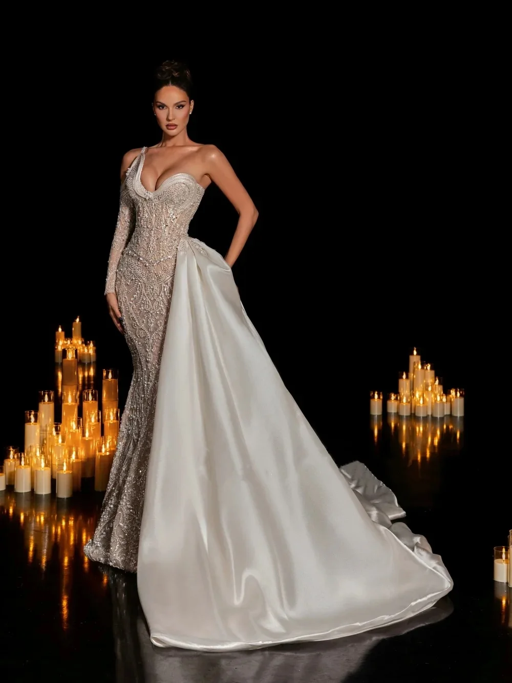 Unique Wedding Dresses Sequins Pearls Mermaid Bridal Gowns Detachable Train Beaded One Shoulder Customized Vestidos De Novia