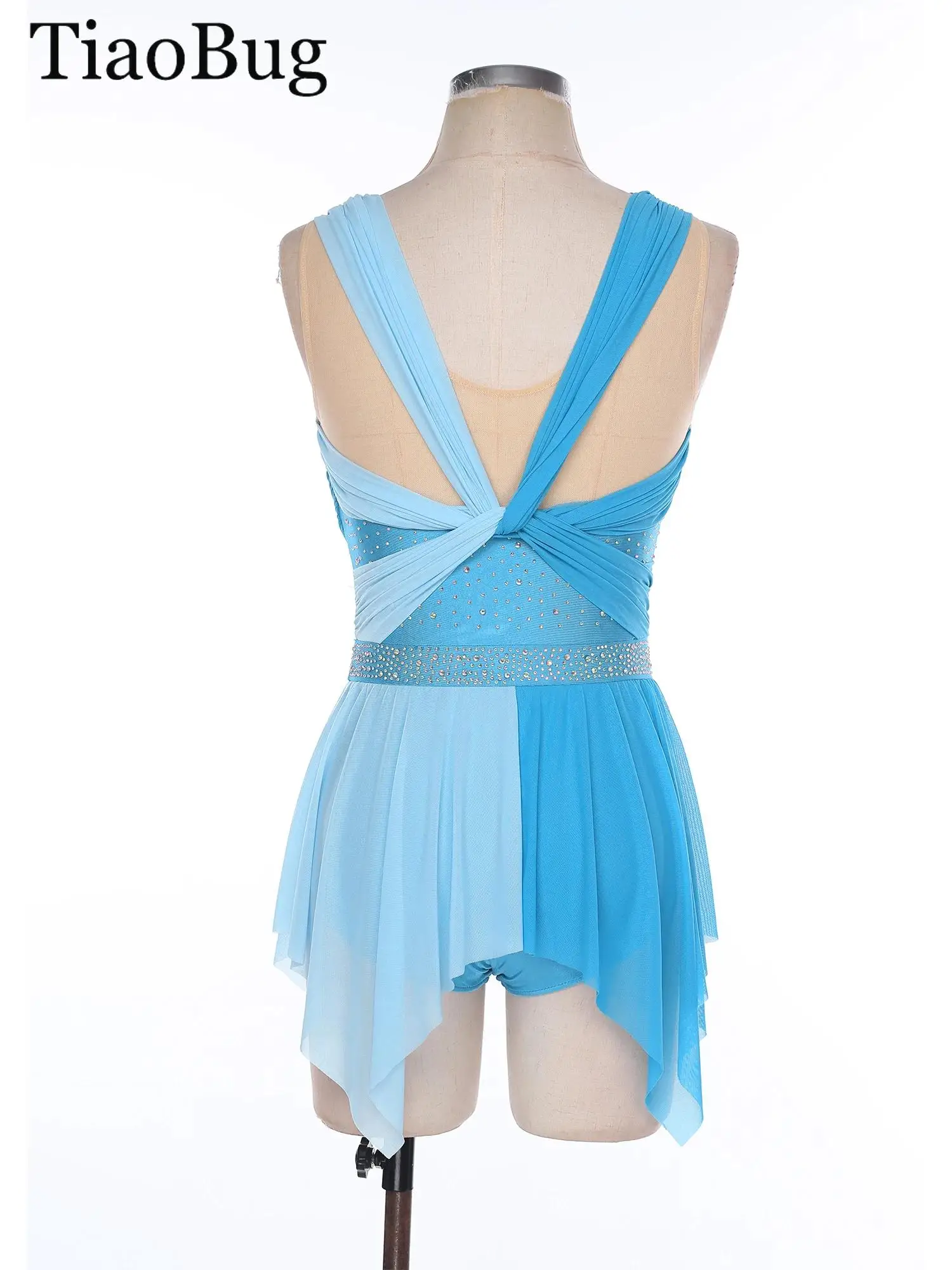 

Womens Rhinestone Lyrical Dance Dress Color Block Mesh Ruched Twisted Knot Irregular Hem Sleeveless Leotard Dress