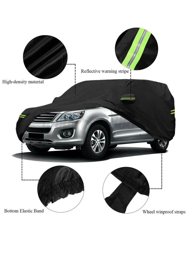 Jakość Uniwersalne SUV/Sedan Pełne pokrowce samochodoweCzarny Trwały Zewnętrzny Wodoodporny Słońce Deszcz Śnieg Ochrona UV Samochodowy zamek błyskawiczny M-XXL — 2