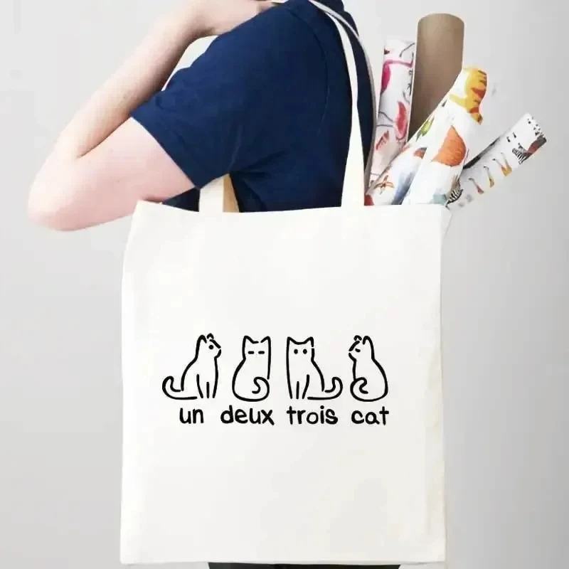 حقيبة يد مطبوعة على شكل قطة لطيفة، حقيبة تسوق كتف ذات سعة كبيرة للترفيه والاستخدام اليومي، حقيبة يد عصرية متعددة الأغراض وقابلة لإعادة الاستخدام