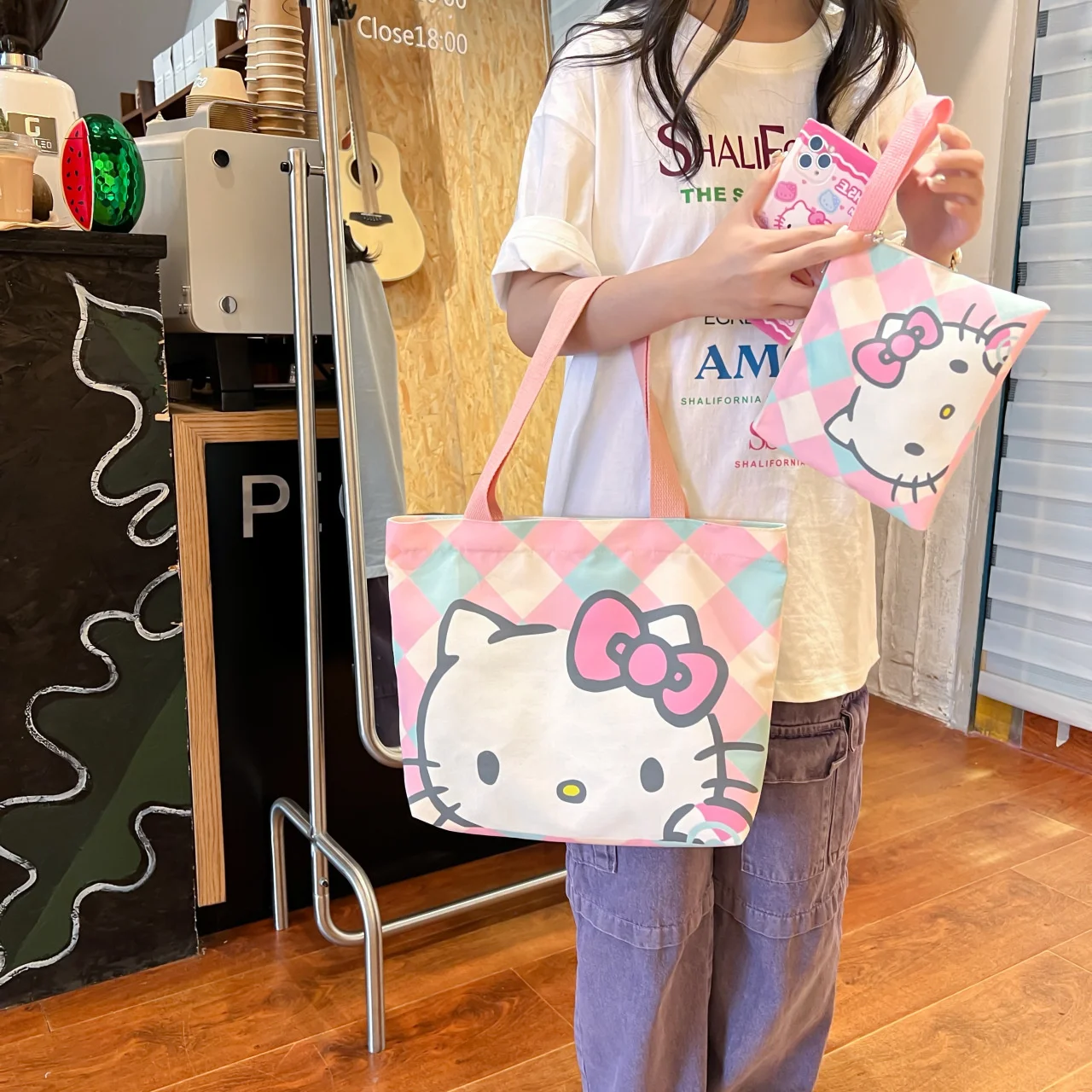 

Sanrio hello kitty Shoulder Bag Zipper Canvas Tote Bag Cinnamoroll Female Student Handbag Cartoon Kuromi Coin Purse Cosmetic Bag