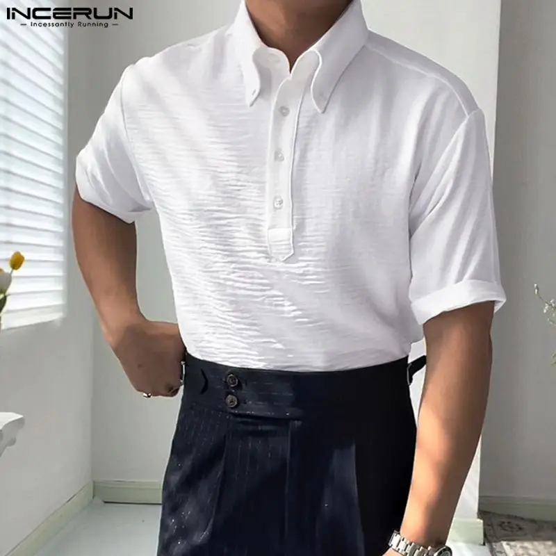 

INCERUN Men Shirt Solid Color Lapel Short Sleeve Streetwear Korean Style Casual Shirts Summer 2024 Fashion Men Clothing S-5XL