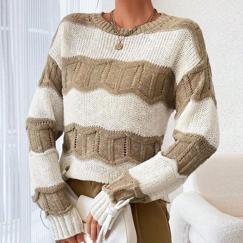 Women's Autumn Winter Loose Knit Sweater 3D Striped Cable Knit Long Sleeve Round Neck Versatile Pullover
