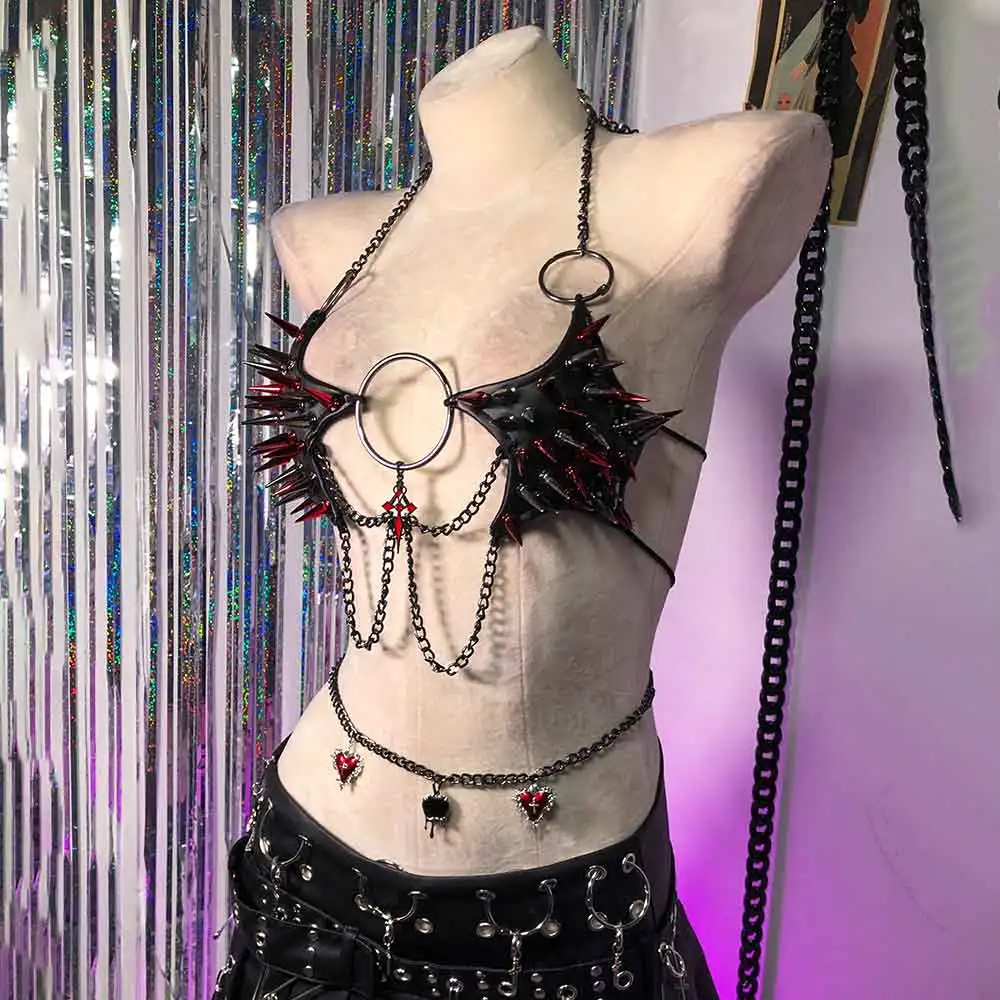 Y2K Gothic Emo Punk Woman Top with Spikes Grunge PU Leather Goth Tank Bra Alternative Clothing ALT Sexy Club Wear for Women