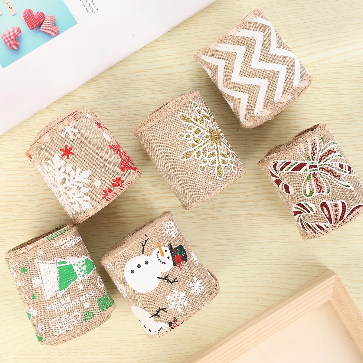 3mx6cm Christmas Wired Ribbon Printed Xmas Tree Snowflakes Burlap Ribbon Gift Wrap Ribbon Bow for Christmas Decoration Natal