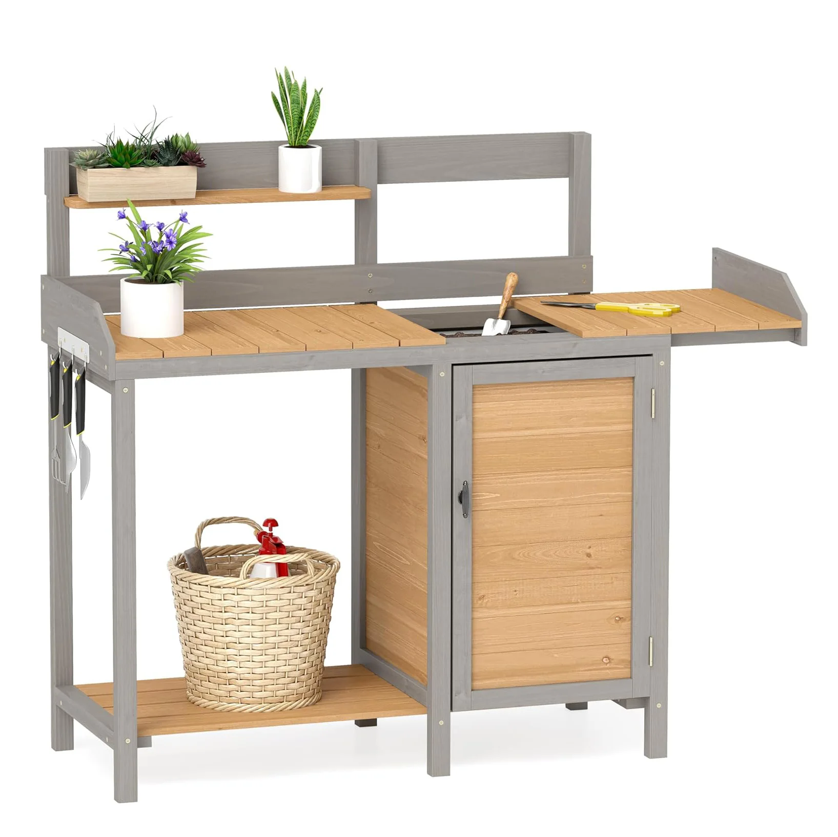 Outdoor Garden Workbench with Sink Square Wood Potting Table Workstation with Shelf for Patio Lawn Outdoor Wood Potting Bench