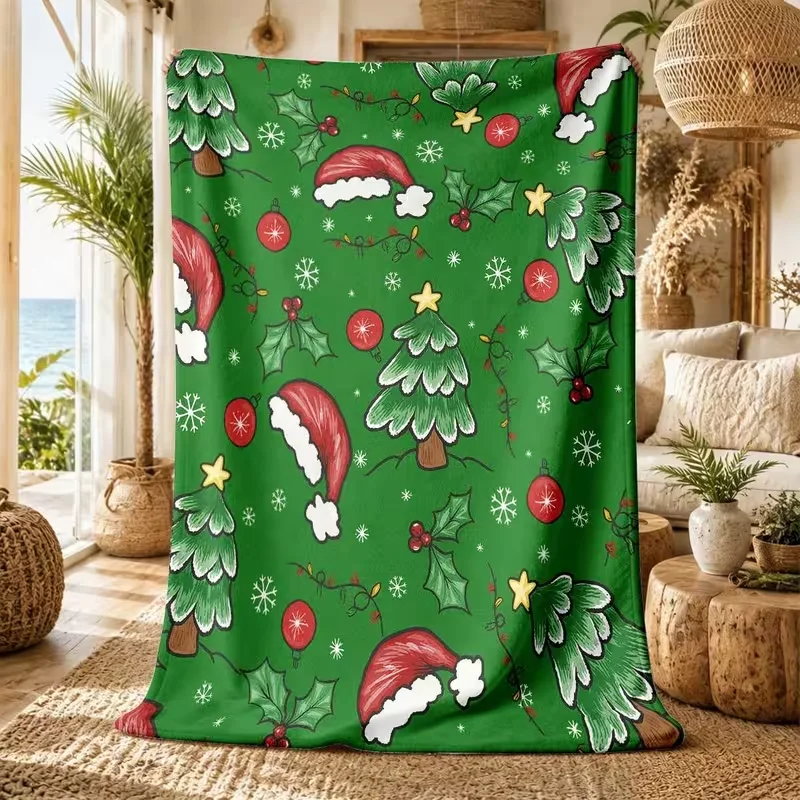 Cute Christmas Stocking Snowflake Print Blanket Light Blue Merry Xmas Sock Gift Box Pattern Soft Warm Holiday Blanket All Season