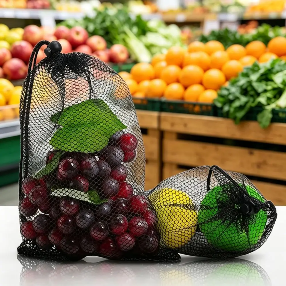 5/12pcs Multipurpose Black Net Drawstring Bag, Breathable Mesh Storage Pouch for Sports Balls Grocery Travel Use YMY