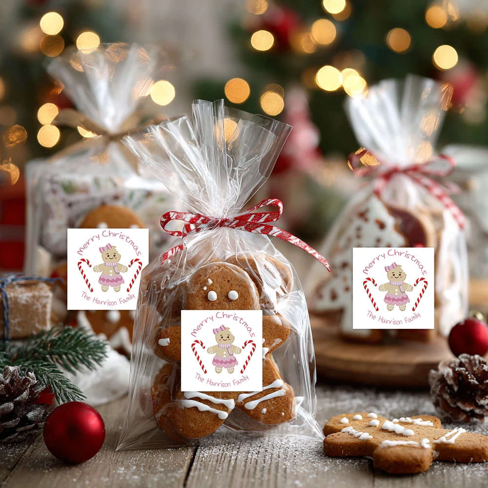 45 Stück personalisierte Lebkuchen- und Rattan-Süßigkeitenaufkleber, individuelle Namen, Weihnachtsfeierpartys, Geschenkdekorationen