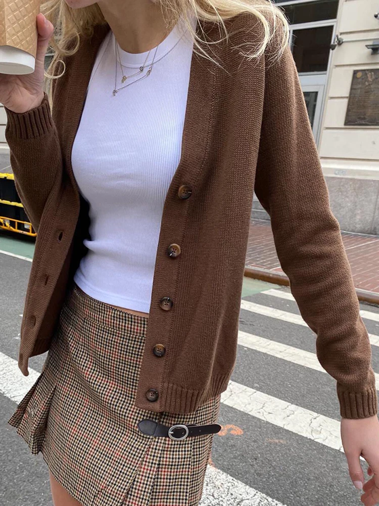 

Retro Brown Knit Cardigan Sweater Women Autumn Casual V Neck Cotton Long Sleeve Loose Sweaters Autumn Y2k Streetwear Retro Tops