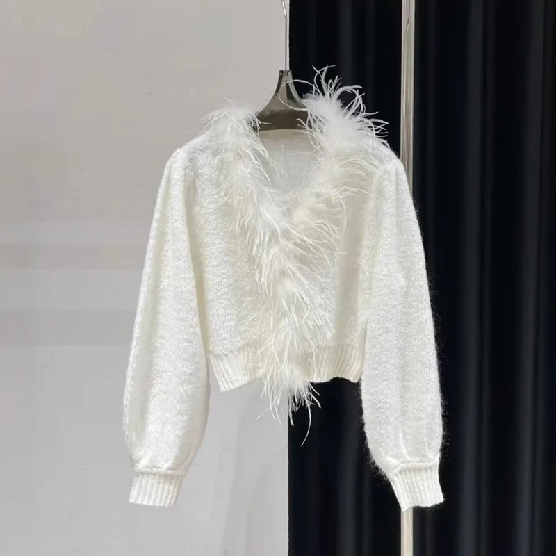 Whth moda nova feminina emendado borda de penas cardigan de lã 2024 outono na moda com decote em v mangas compridas camisola feminina 1ls165