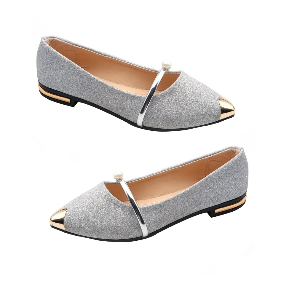 Dress Shoes for Women Heels Pearl Pumps Summer Sandals Flat Single Flats Silver Woman