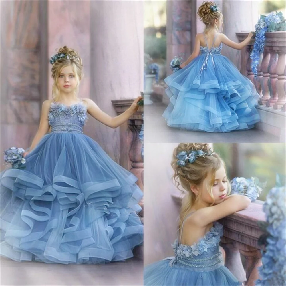 Elegante abito da ragazza di fiori bianchi per la festa di nozze abiti da battesimo con collo alto Tulle Appliques a maniche lunghe abito da comunione per bambini