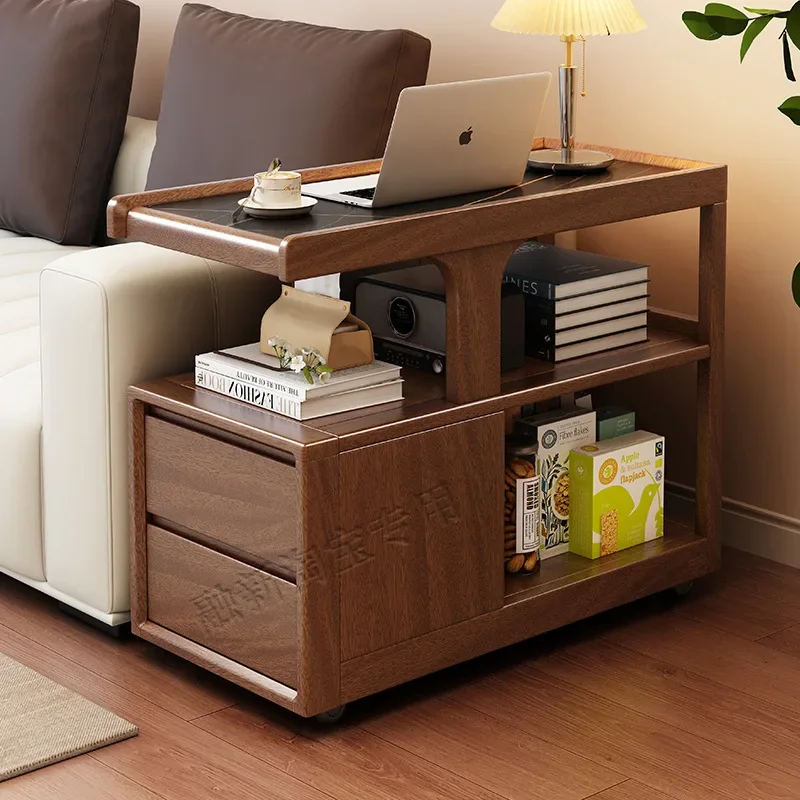 Solid wood sofa side cabinet movable rock slab side cabinet small apartment living room bedroom bedside side cabinet