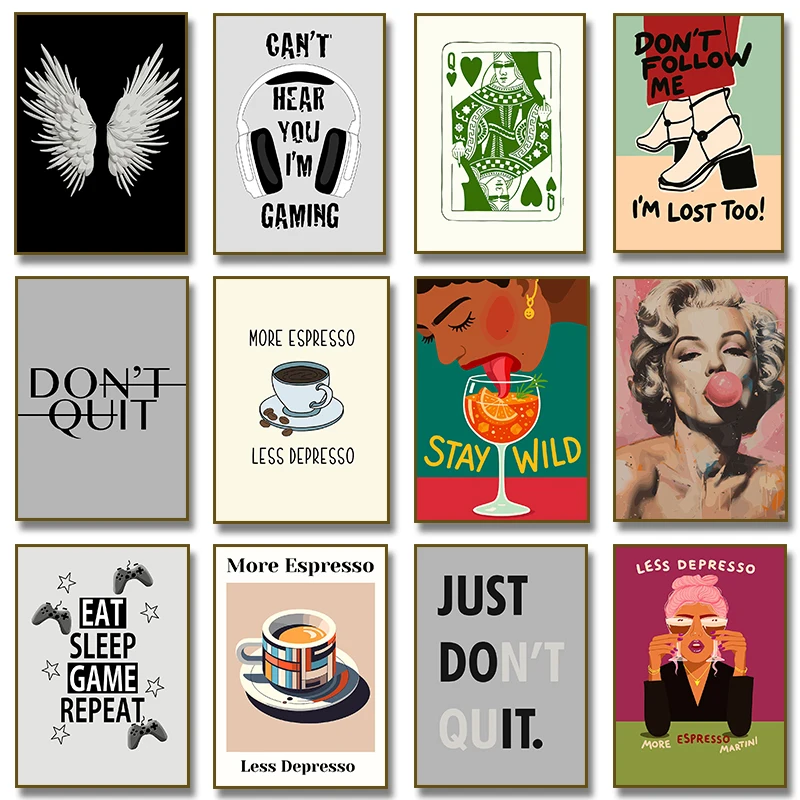 Sexy Girl  Drink Wine More Espresso Less Depresso Motivational Quote Poster Wall Art Canvas Painting Prints Wall Room Home Decor