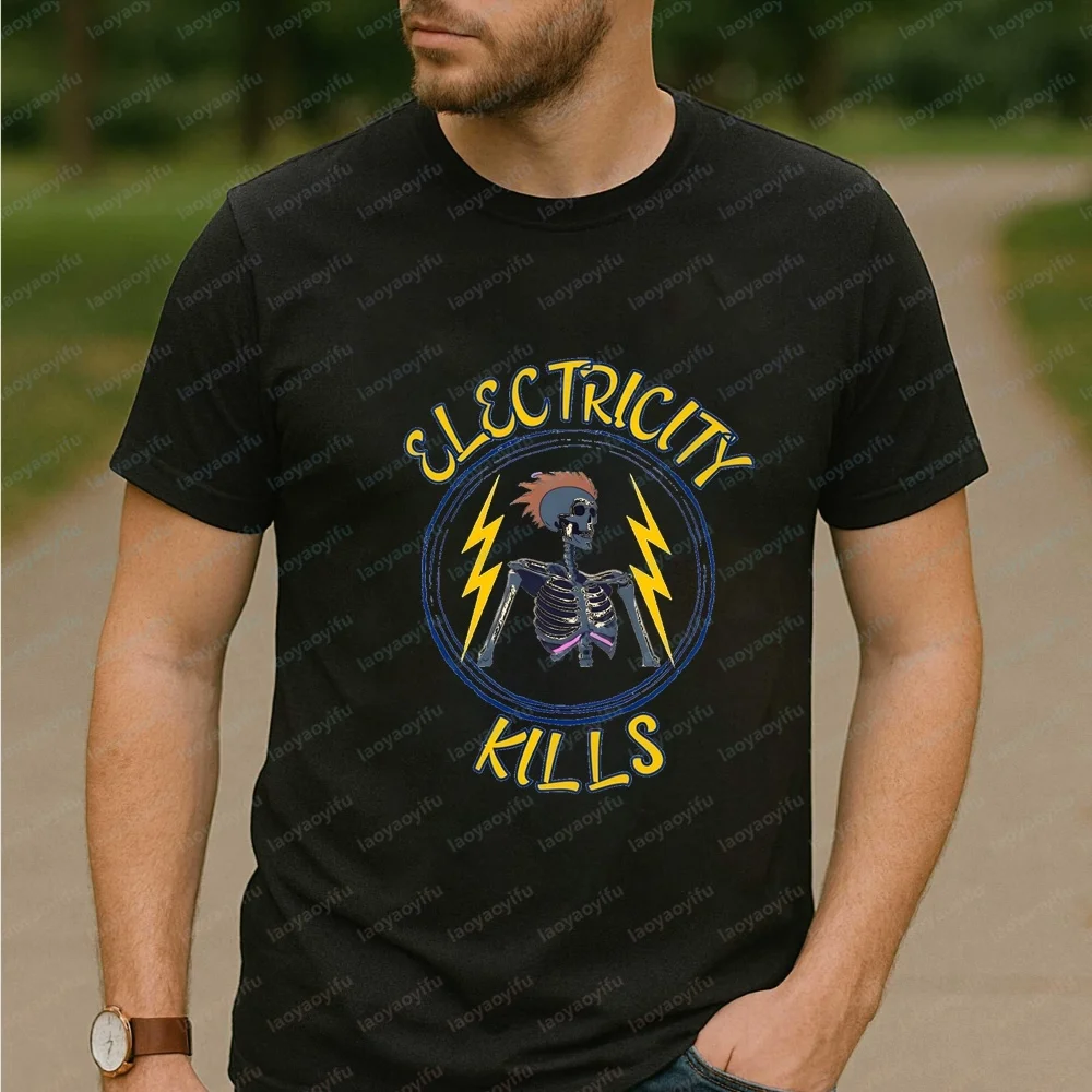 Electricity Kills Punk Skeleton, Lightning Bolt Skeleton Graphic Y2K Short-Sleeved Men's Women's Round-neck Comfortable T-shirt