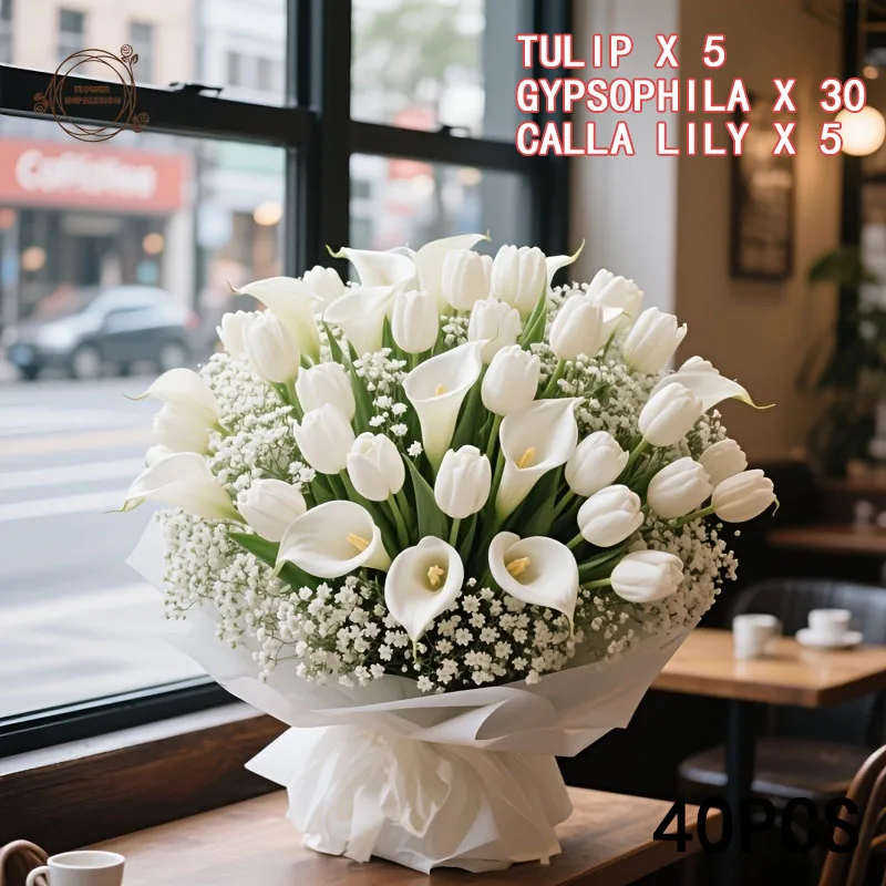 40 Stück künstliche Blumen, geeignet für alle Jahreszeiten und festliche Dekorationen, perfekt für die Hochzeit zu Hause, Gypsophila-Tulpen-Mix-Blumenstrauß – Detail 5