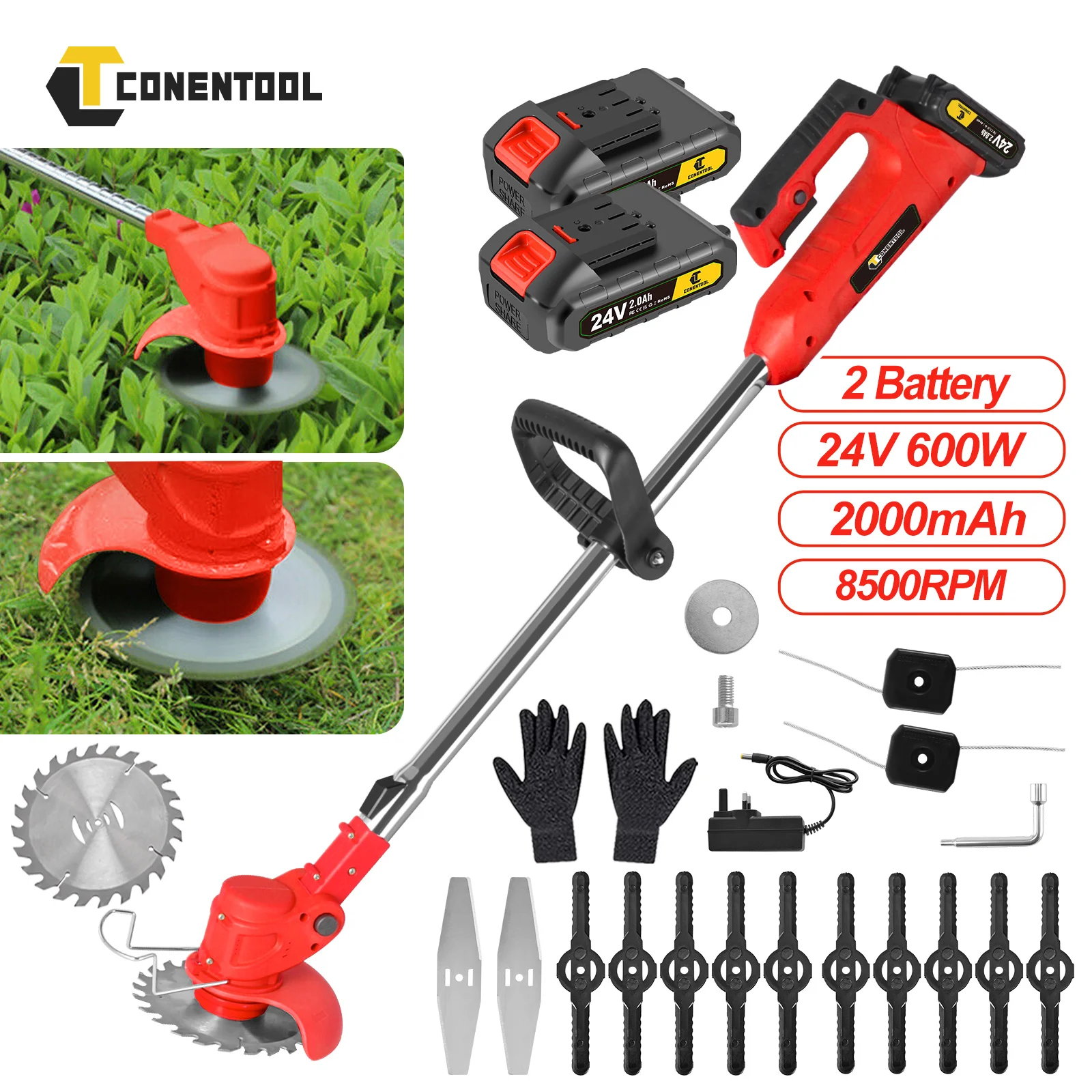 Conentool 24V Cordless Strimmer with Metal Blade, Telescopic Grass Trimmer, 2x2000mAh Batteries, Electric Lawn Mower Set