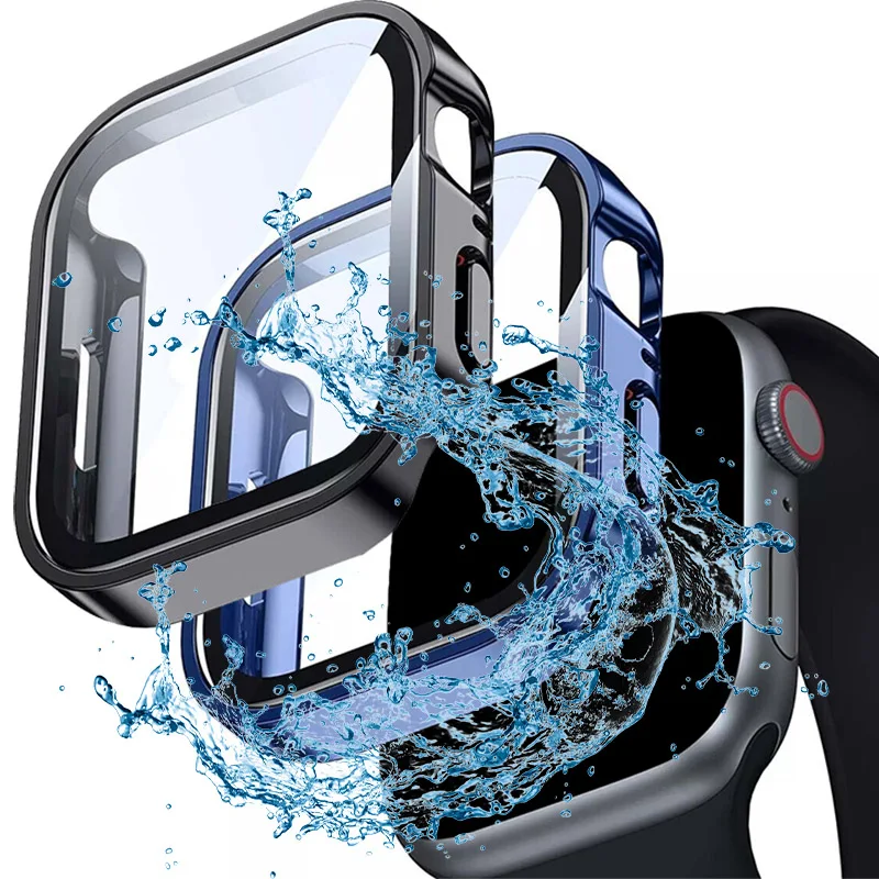 Cristal y funda para Apple Watch, funda protectora de pantalla de borde recto para iWatch 9, 8, 7, 6, 5, SE 4, accesorios de 45mm, 41mm, 44mm, 40mm