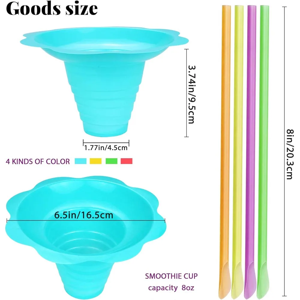 Colorful Flower Snow Cone Cups with 50 PCS Cone Spoon Straws,Small Reusable Plastic Shaved Ice Drip Cups Snack Ice Cream Bowls