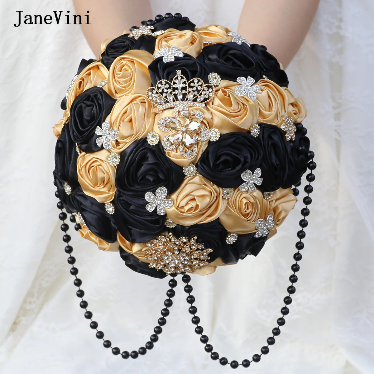 

JaneVini Customized Light Khaki Bridal Bouquets with Diamond Artificial Satin Roses Black Pearls Wedding Bride Bouquet Flowers