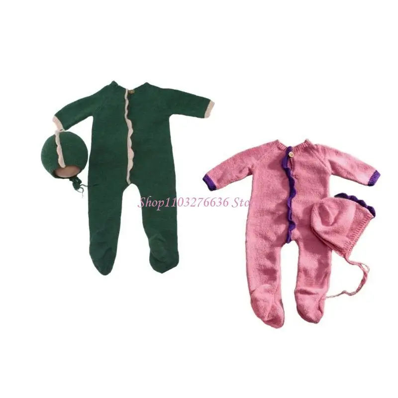 R6FD Lovely Dinosaur Themed Knitted Photo Costume for Newborns, Soft and Breathable Romper Long Sleeve with Matching Hat