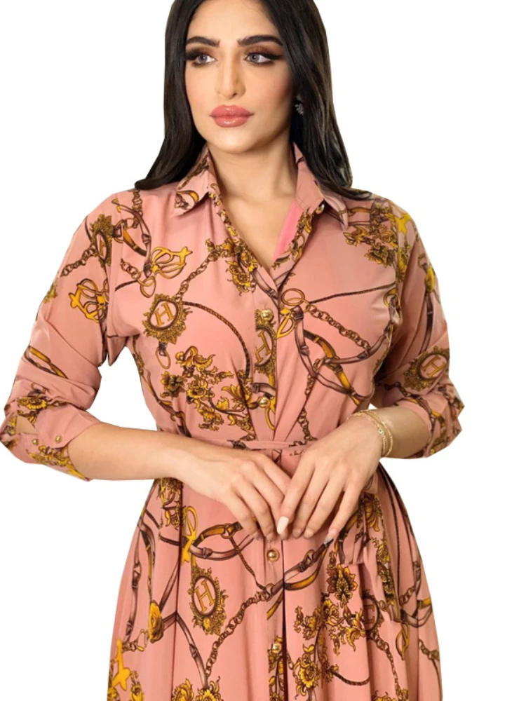 New Autumn Muslim Women Shirt Dress Morocan Kaftan Long Sleeve Turkey Dubai Print Abaya Islamic Clothing Vestido India Dresses