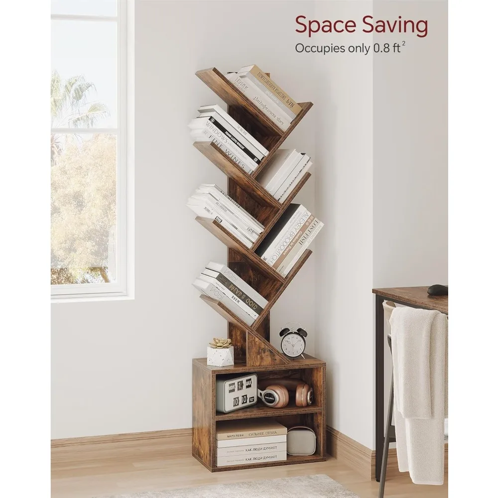 

6 Tier Tree Bookshelf, Small Bookcase with Storage Cabinet, Floor for Bedroom/Living Room/Home Office/Corner, Rustic Brown