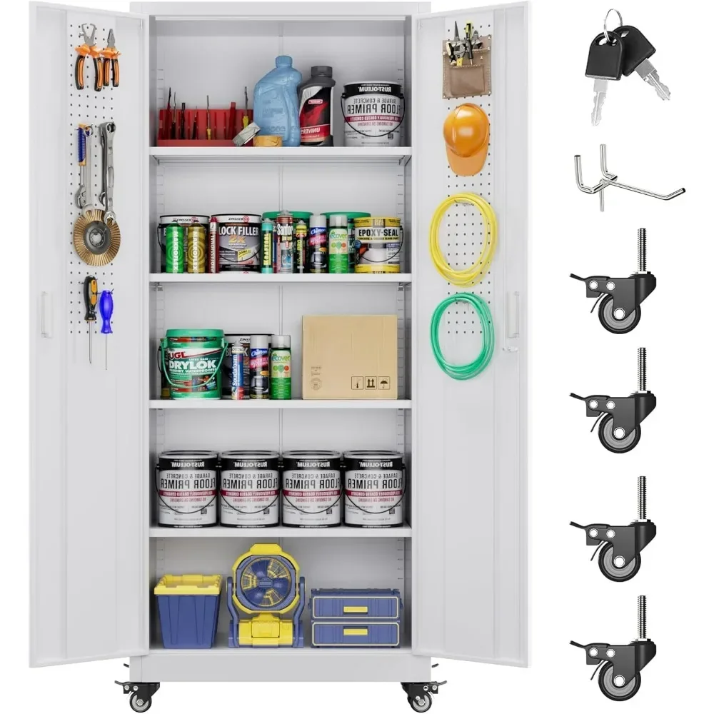 YQXH 73''H Metal Garage Storage Cabinet with Pegboard, Rolling Tool Cabinets on Wheels,Steel Locker