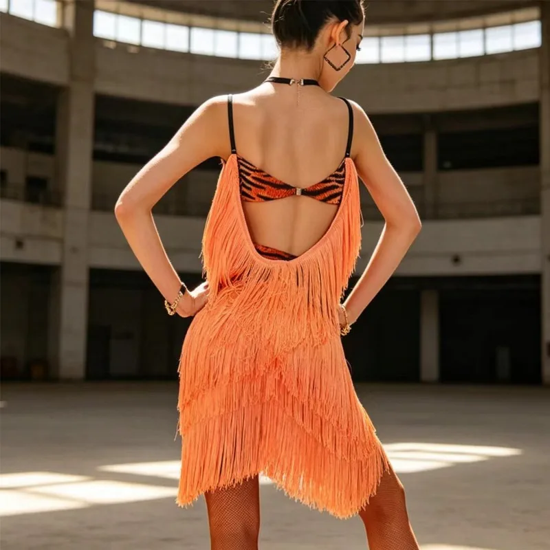 Latin dance practice suit backless fringed skirt suspender dress national ballroom dance suit