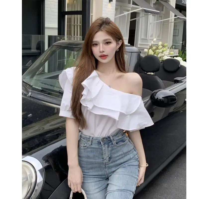 New Black Ruffles Patchwork Short Sleeve Blouse Summer New Solid Off Shoulder Y2K Shirt Tops Sexy Fashion Trend Women Clothing