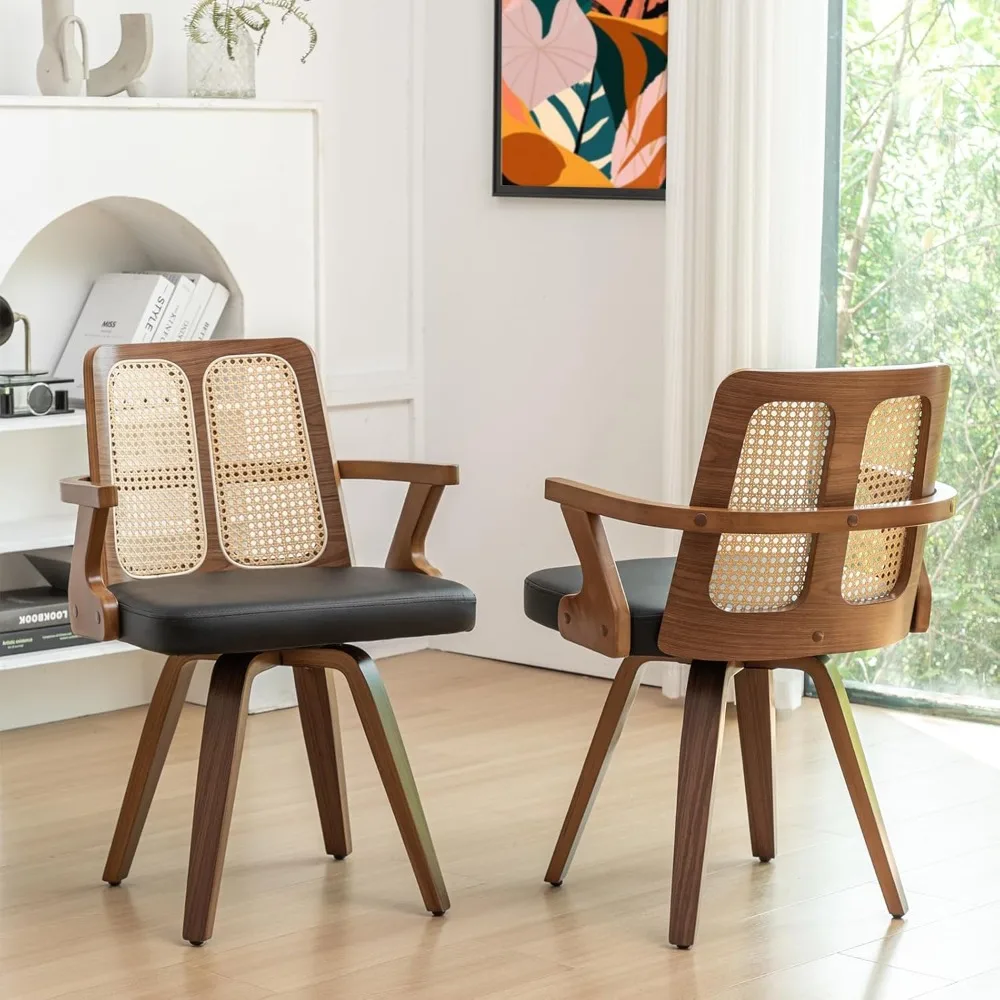 Cafe Chairs,Kitchen Dining Room Chairs -Swivel Dining Chairs with Cane Back, Cushion Arms, Faux Leather Dining Chairs
